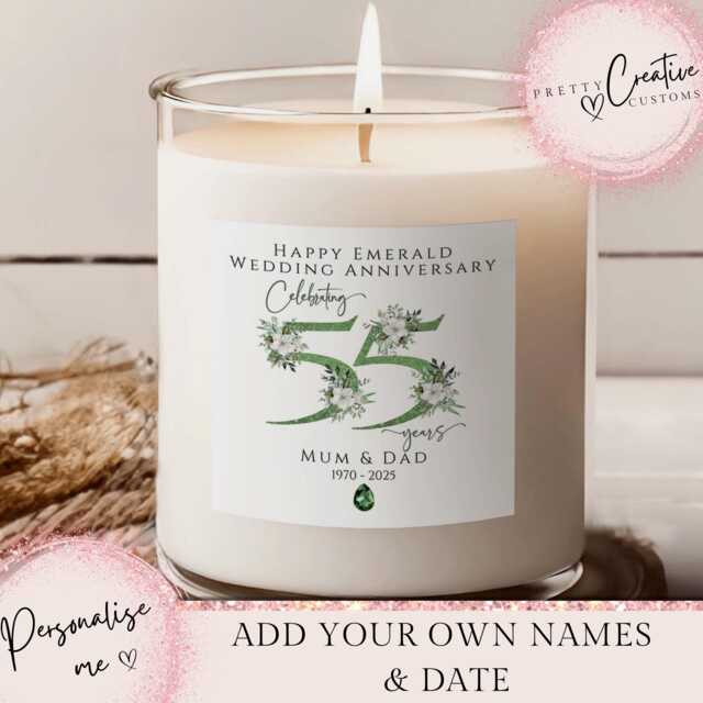 55Th Wedding Anniversary Candle, Emerald Gift, Personalised Candle, 55Th Parent, Grandparent - image 1