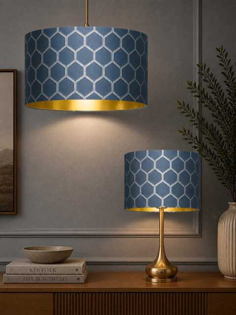 New Luxury High Quality Silk Midnight Blue Honeycomb Geometric Pattern Drum Lamp Shade Suitable For All Ceilings & Tables Lamps - image 1