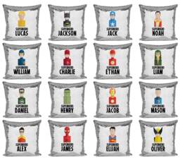 Superhero Personalised Name Kids Boys Shiny Sparkly Sequin Silver Magic Cushion Cover With Pillow Children Girls