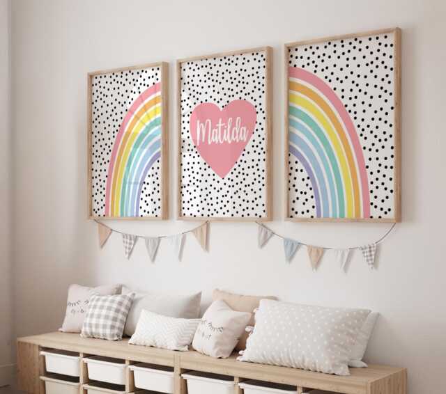 Bright Colourful Girls Bedroom Prints, Set Of 3, Rainbow Wall Art, Personalised, Little Polkadot - image 1