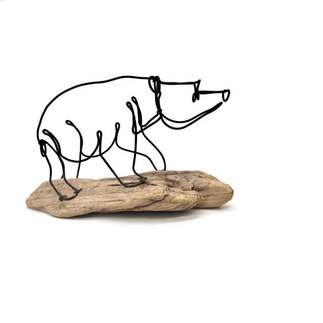 Bear Cub Wire Sculpture Minimalist Steel Art On Driftwood - image 1