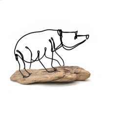 Bear Cub Wire Sculpture Minimalist Steel Art On Driftwood - thumbnail 1