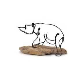 Bear Cub Wire Sculpture Minimalist Steel Art On Driftwood - thumbnail 3
