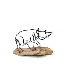 Bear Cub Wire Sculpture Minimalist Steel Art On Driftwood - thumbnail 2