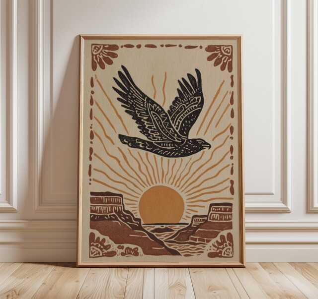 Eagle Canyon Art Print, Western Boho Wall Poster, Desert Sunrise Illustration, Rustic Nature Decor - image 1