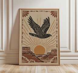 Eagle Canyon Art Print, Western Boho Wall Poster, Desert Sunrise Illustration, Rustic Nature Decor - thumbnail 1