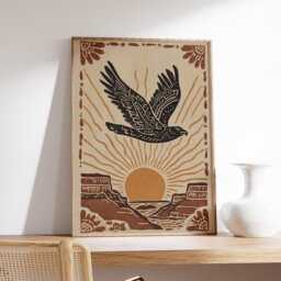 Eagle Canyon Art Print, Western Boho Wall Poster, Desert Sunrise Illustration, Rustic Nature Decor - thumbnail 2