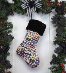 Handmade Cassette Tape Christmas Stocking, Black Faux Fur Cuff