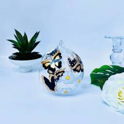 Hand Painted Glass Candle Holder Gold Butterfly & Daisy Decor - thumbnail 4