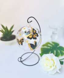 Hand Painted Glass Candle Holder Gold Butterfly & Daisy Decor