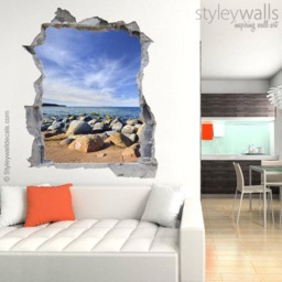 Rocks Wall Decal Mural, Sea Nature Hole in The 3D Effect Sticker, Decal, Broken Mural Home Decor - thumbnail 1