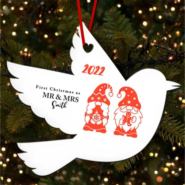 First As Mr & Mrs Gnomes Robin Personalised Christmas Tree Ornament Decoration