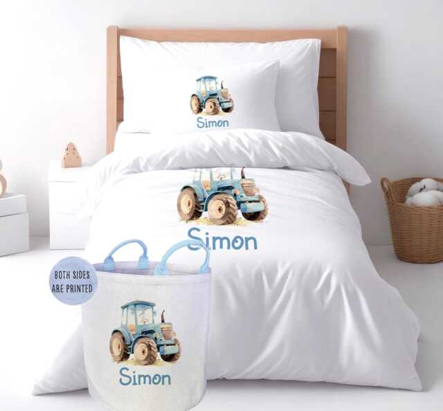Personalised Tractor Duvet Cover Set With Soft Pillowcase, Little Farmers Microfiber Bedding Optional Basket - image 1