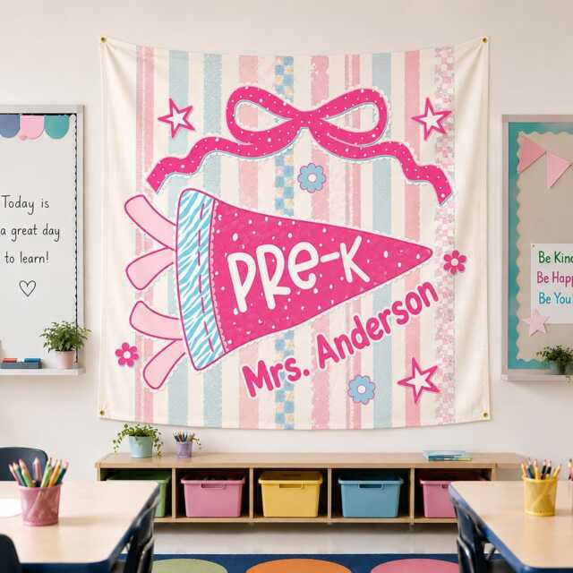 Personalized Pre-K Classroom Tapestry, Custom Teacher Name Wall Hanging, Cute Pink Bow School Banner Decor - image 1