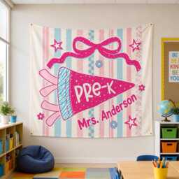 Personalized Pre-K Classroom Tapestry, Custom Teacher Name Wall Hanging, Cute Pink Bow School Banner Decor - thumbnail 2
