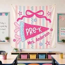 Personalized Pre-K Classroom Tapestry, Custom Teacher Name Wall Hanging, Cute Pink Bow School Banner Decor