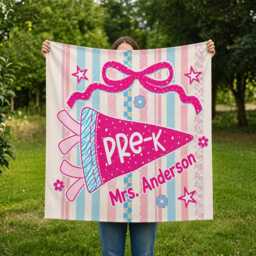 Personalized Pre-K Classroom Tapestry, Custom Teacher Name Wall Hanging, Cute Pink Bow School Banner Decor - thumbnail 3