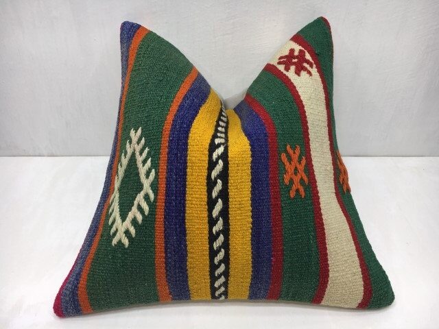 Vintage Turkish Kilim Pillow Cover, Handwoven Bohemian Accent - 16x16 - image 1