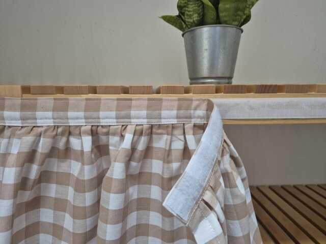 Beige Gingham Sink Skirt, Shelf Covering Utility Vanity Self Adhesive Hook & Loop Skirt - image 1