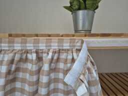 Beige Gingham Sink Skirt, Shelf Covering Utility Vanity Self Adhesive Hook & Loop Skirt - thumbnail 1