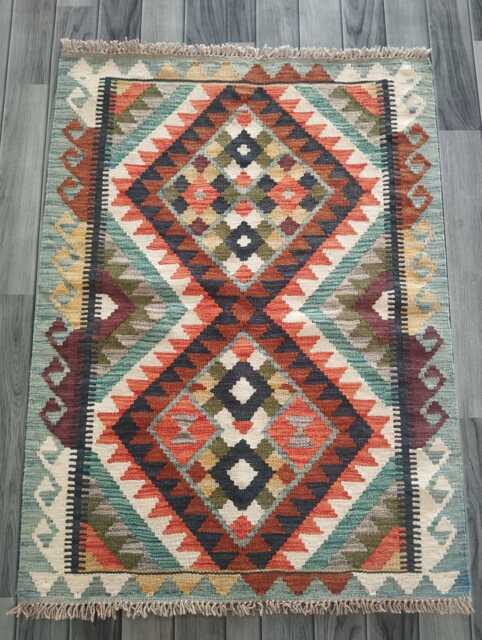 Afghan Kilim Rug, Handmade Artisan Multicolour Turkish Persian Navajo Moroccan Bohemian Flatweave, Natural Wool Dhurrie Rug 112x85 cm - image 1