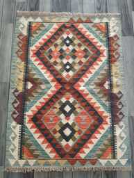 Afghan Kilim Rug, Handmade Artisan Multicolour Turkish Persian Navajo Moroccan Bohemian Flatweave, Natural Wool Dhurrie Rug 112x85 cm - thumbnail 1