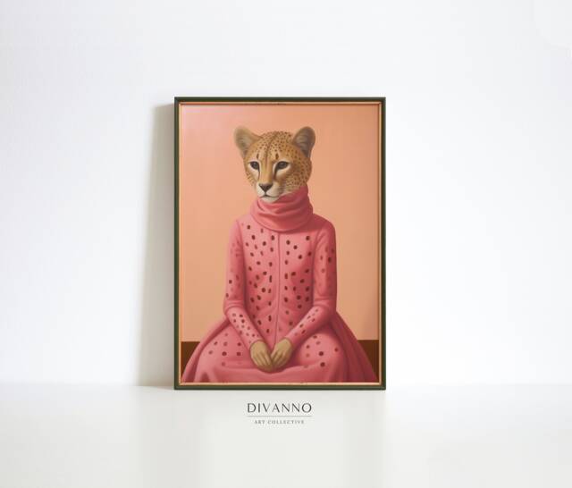 Pink Cheetah Print, Wild Cat Wall Art, Feline Woman Canvas, Pastel Minimalist Poster, Printable Digital Hanging, Trendy Home Decor - image 1