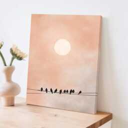 Peach Sunset Wall Art Minimalist Bird Silhouette Painting Abstract Sky Artwork Modern Large Room Decor Framed Poster Print Canvas - thumbnail 3