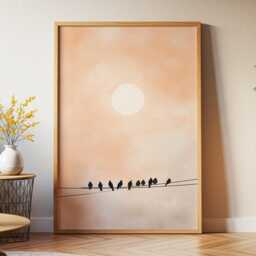 Peach Sunset Wall Art Minimalist Bird Silhouette Painting Abstract Sky Artwork Modern Large Room Decor Framed Poster Print Canvas - thumbnail 1