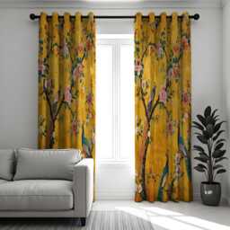 Yellow Chinoiserie Curtains, Peacock & Floral Print Drapes, Botanical Design Made To Measure Window Panels - thumbnail 3