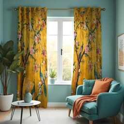 Yellow Chinoiserie Curtains, Peacock & Floral Print Drapes, Botanical Design Made To Measure Window Panels - thumbnail 2