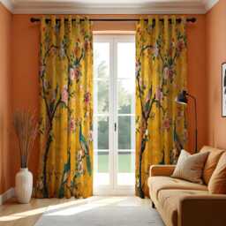 Yellow Chinoiserie Curtains, Peacock & Floral Print Drapes, Botanical Design Made To Measure Window Panels