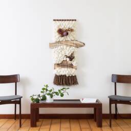 Large Hand Woven Wall Hanging with Sustainable Wool, Natural Wood Bark & Plants Tapestry Nursery Room D??cor Bohemian Bedroom Textile Fiber Art - thumbnail 1