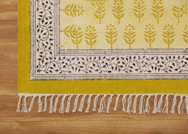 Musturd Yellow/Black Handmade Floral Rug Block Print Cotton Area Bedroom Rug Large Hallway Stair Runner 6x9 9x12 4x20 12x12 Feet - image 1