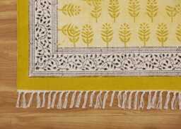 Musturd Yellow/Black Handmade Floral Rug Block Print Cotton Area Bedroom Rug Large Hallway Stair Runner 6x9 9x12 4x20 12x12 Feet - thumbnail 1