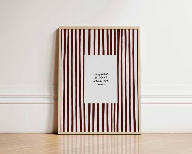 Happiness Print, Brown Homely Stripe Hand Drawn Cosy Wall Art Kitchen Living Room Unframed - image 1