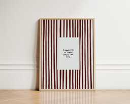 Happiness Print, Brown Homely Stripe Hand Drawn Cosy Wall Art Kitchen Living Room Unframed - thumbnail 1