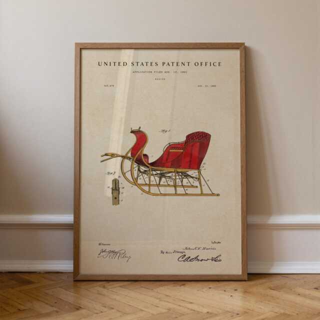 Santas Sleigh Patent Print Hand-Painted Watercolor Christmas Wall Art - image 1