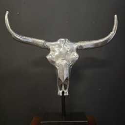 Bison Skull On Marble Base Polished Aluminium Water Buffalo Cow Bull Long Horn Wall Hanging Skull Small - thumbnail 3