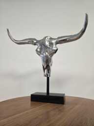 Bison Skull On Marble Base Polished Aluminium Water Buffalo Cow Bull Long Horn Wall Hanging Skull Small