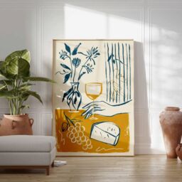 Wine & Cheese Wall Art, Modern Abstract Kitchen Print, Yellow Blue Line Drawing, Minimalist Dining Room Poster, Still Life Artwork - thumbnail 3