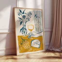 Wine & Cheese Wall Art, Modern Abstract Kitchen Print, Yellow Blue Line Drawing, Minimalist Dining Room Poster, Still Life Artwork - thumbnail 2