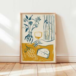 Wine & Cheese Wall Art, Modern Abstract Kitchen Print, Yellow Blue Line Drawing, Minimalist Dining Room Poster, Still Life Artwork - thumbnail 1
