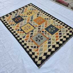 Handwoven Afghan Wool Rug 4x6 Turkmen Kilim, Geometric Design - thumbnail 4