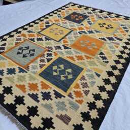 Handwoven Afghan Wool Rug 4x6 Turkmen Kilim, Geometric Design - thumbnail 2