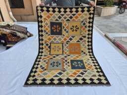 Handwoven Afghan Wool Rug 4x6 Turkmen Kilim, Geometric Design - thumbnail 1