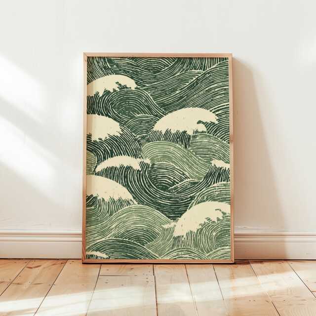 Sage Green Ocean Waves Poster - Japandi Style Wall Art Minimalist Abstract Sea Landscape Print - image 1