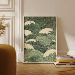 Sage Green Ocean Waves Poster - Japandi Style Wall Art Minimalist Abstract Sea Landscape Print - thumbnail 2