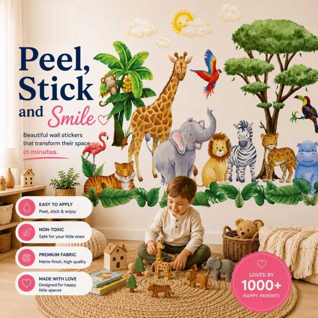 Safari Nursery Wall Stickers Watercolor Jungle Animals, Repositionable Fabric - image 1