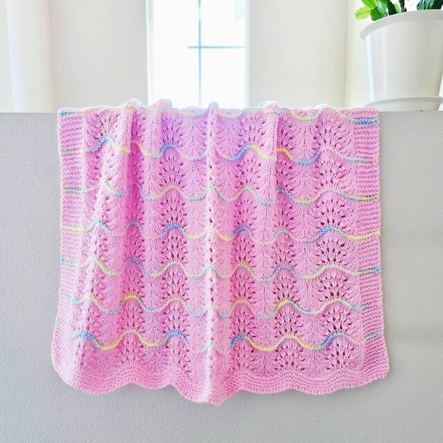 New Handmade Pink Knit Crochet Baby Afghan Blanket Throw Newborn Infant Wave Trim - image 1